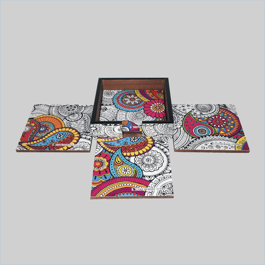 Doodle Mandala Square Coasters with Holder (Set of 4)