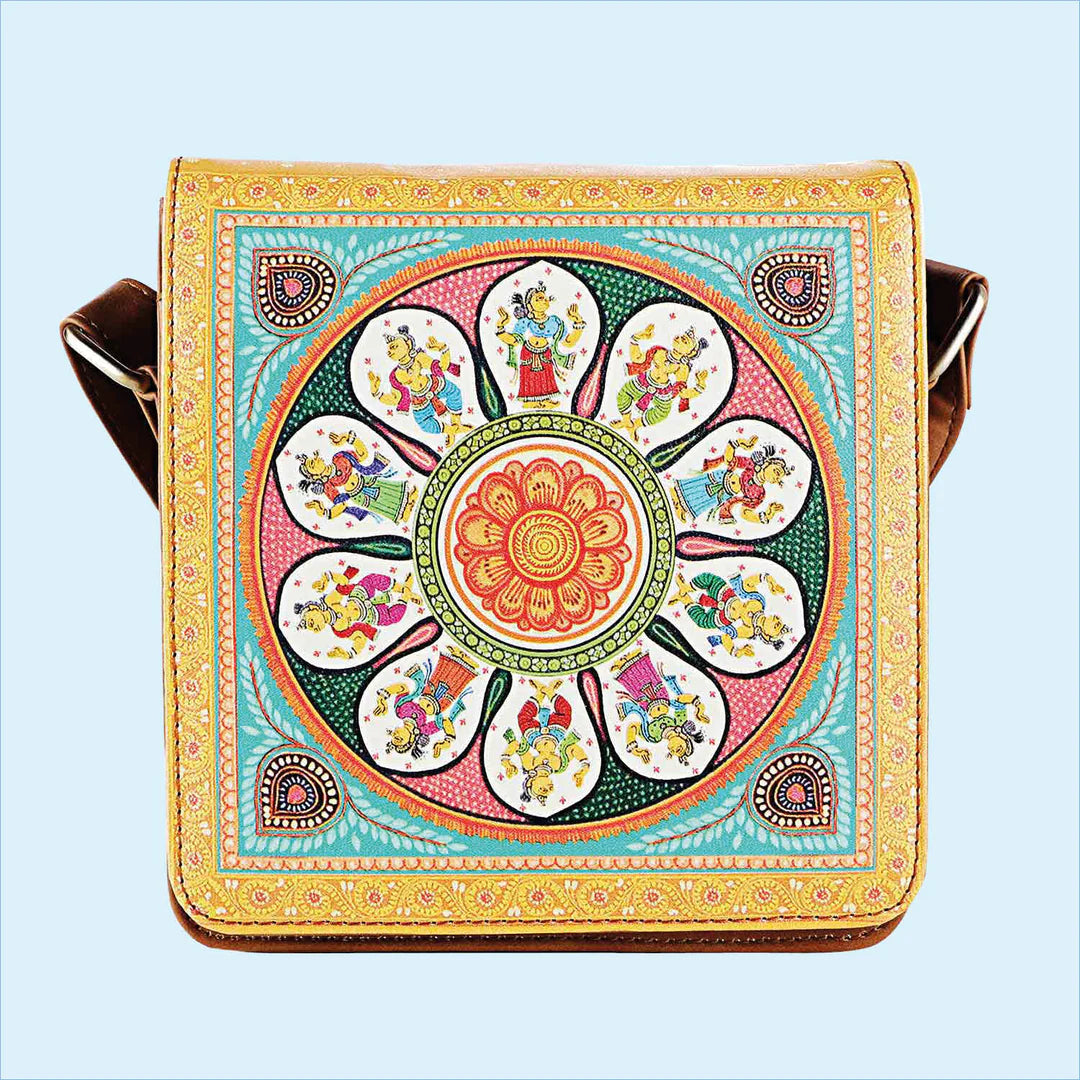 Pattachitra Folk Tales Faux Leather Square Sling Bag